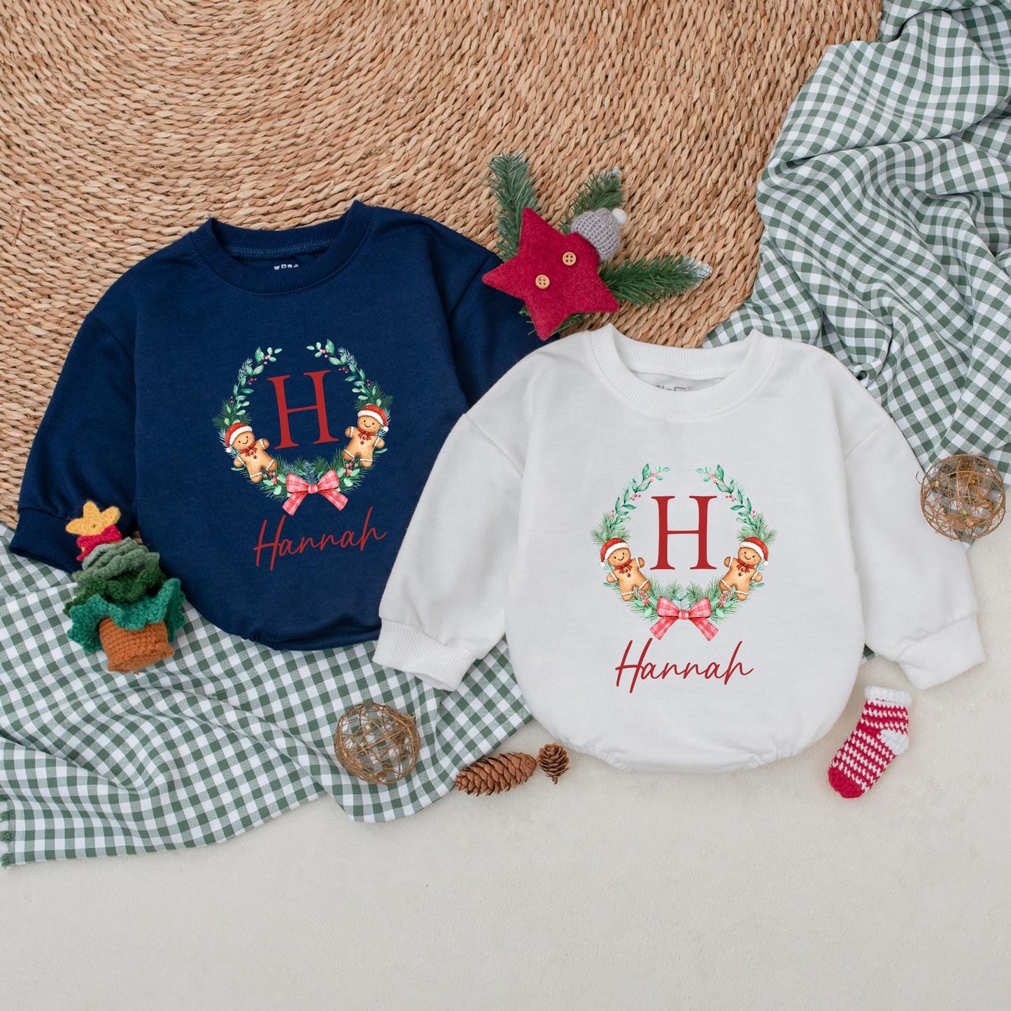Custom Christmas Cookie Romper for Girls Personalized Hannah Red Berry Pine Wreath Baby Christmas Outfit Bubble