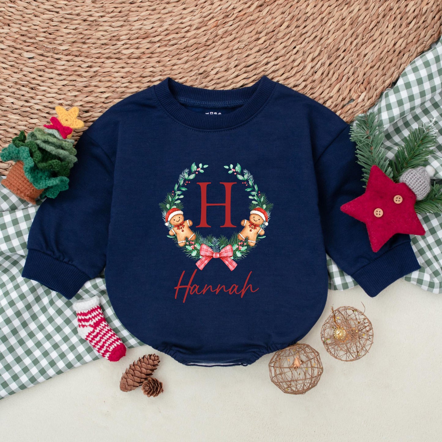 Custom Christmas Cookie Romper for Girls Personalized Hannah Red Berry Pine Wreath Baby Christmas Outfit Bubble