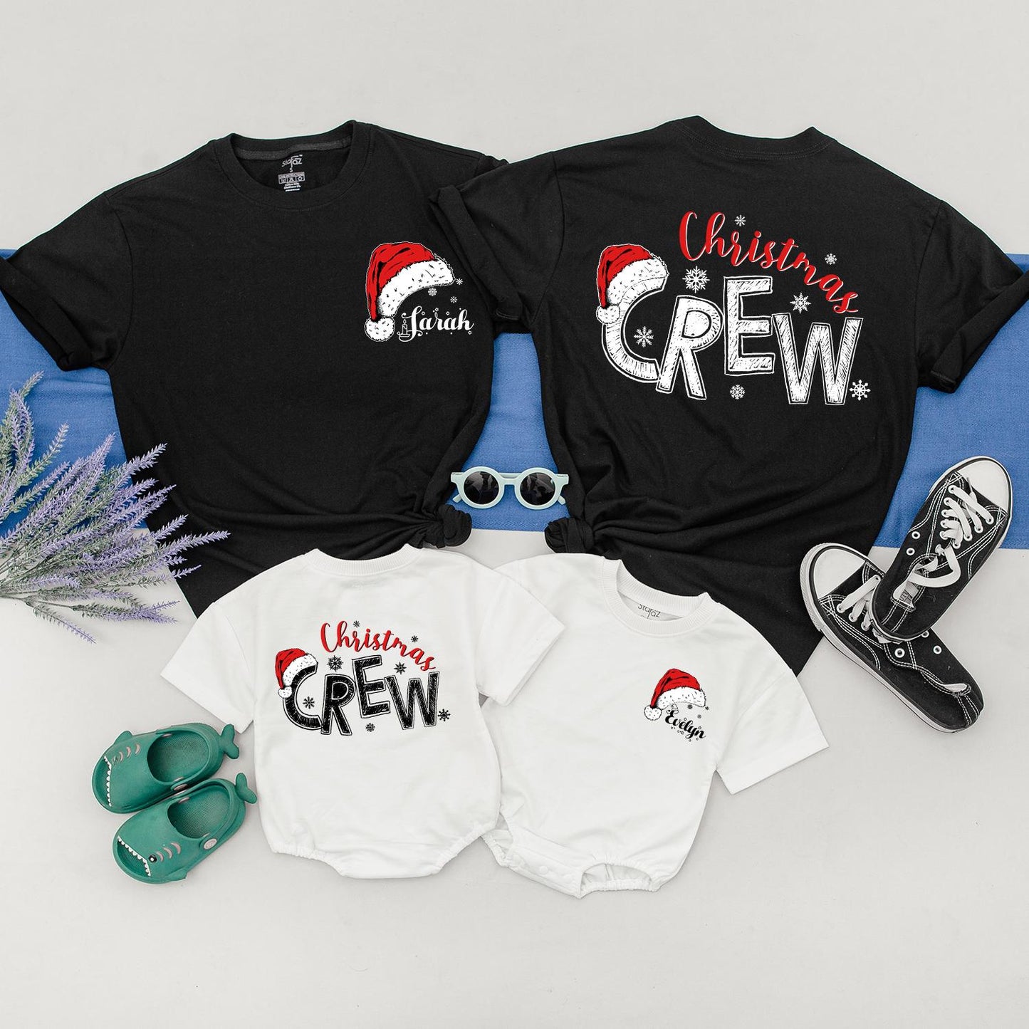 Personalized Christmas Crew Shirts Matching Family Santa Hat Outfits Custom Names Snowflake Detail Festive Xmas Gifts