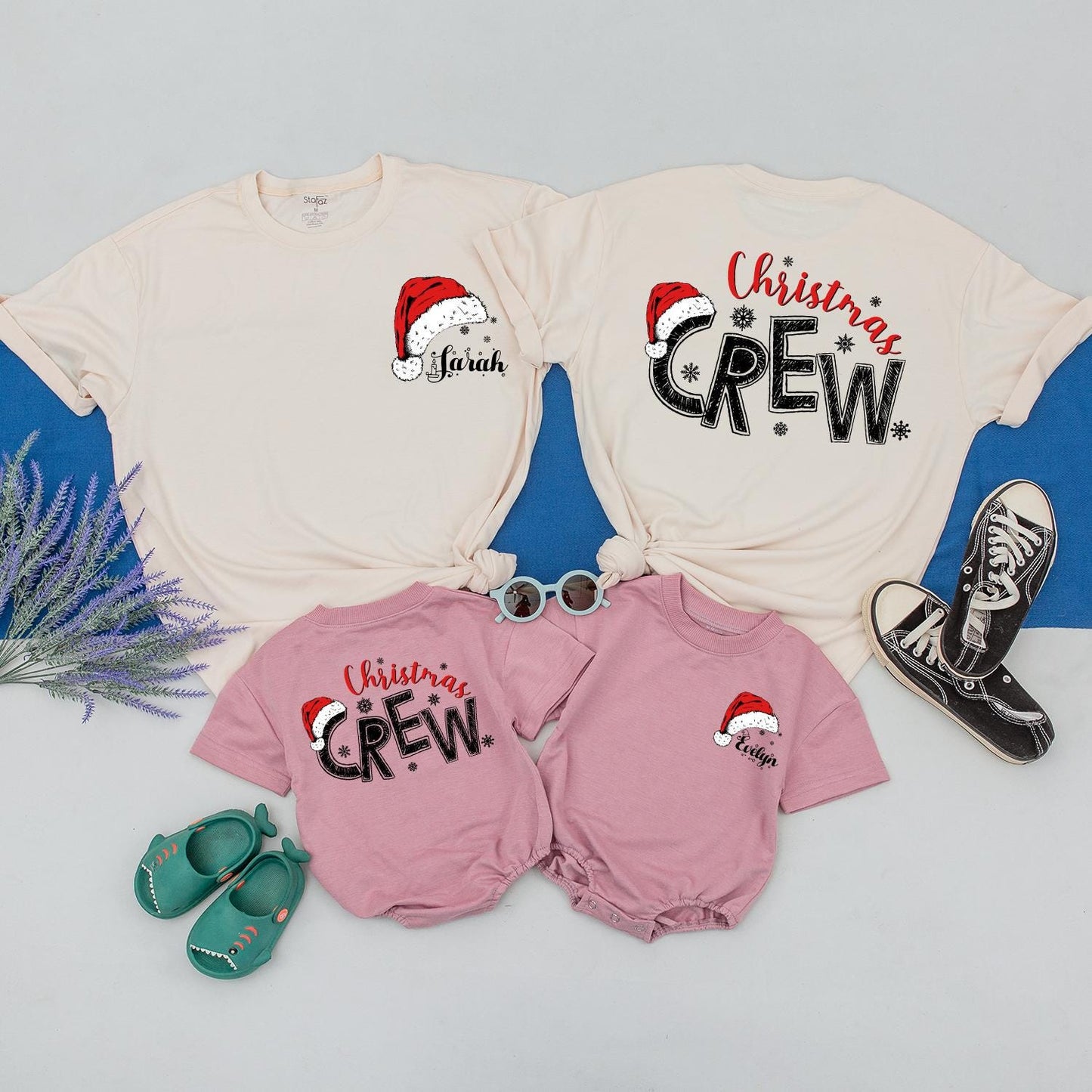 Personalized Christmas Crew Shirts Matching Family Santa Hat Outfits Custom Names Snowflake Detail Festive Xmas Gifts