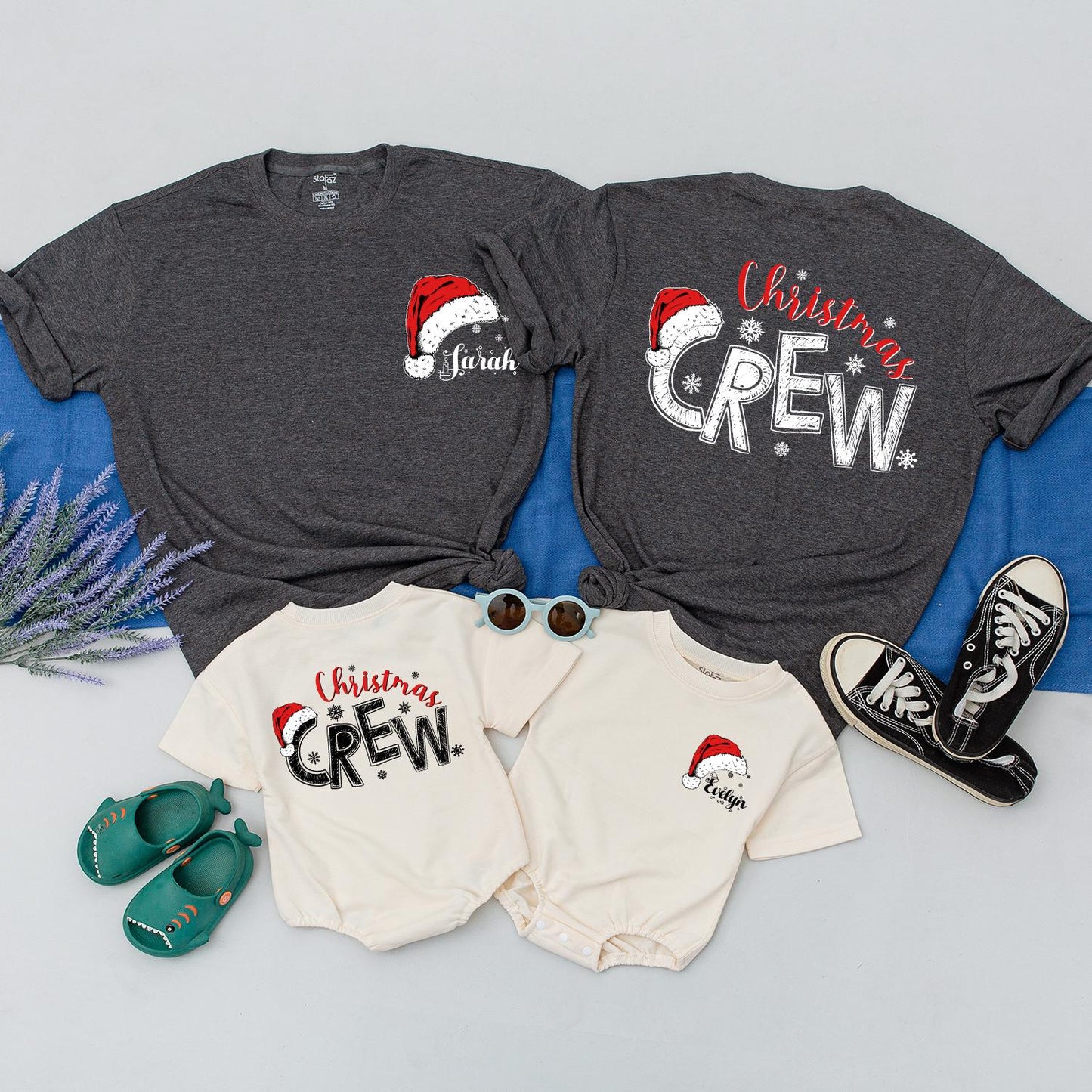 Personalized Christmas Crew Shirts Matching Family Santa Hat Outfits Custom Names Snowflake Detail Festive Xmas Gifts