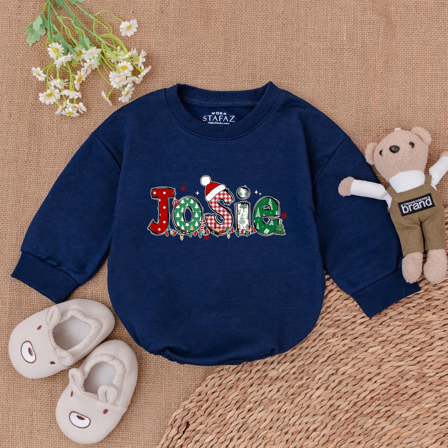 Josie Christmas Name Baby Romper Personalized Festive Holiday Outfit with Santa Hat and Lights