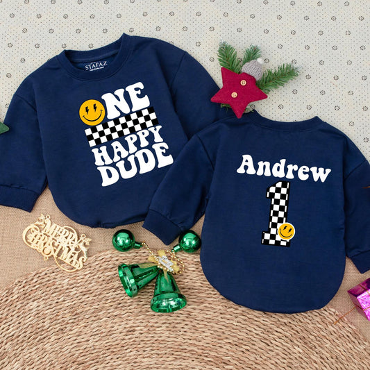 Personalized One Happy Dude Birthday Bodysuit Retro Groovy Smiley Face Baby Boy First Birthday Outfit Checkered Pattern Infant Celebration Clothes Yellow Vintage Design