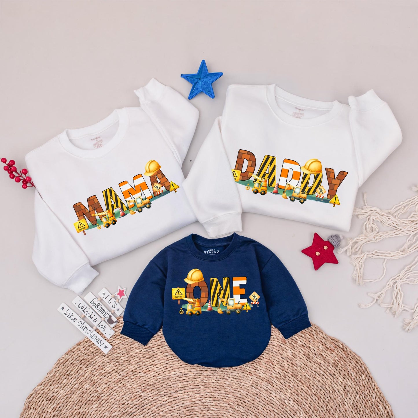 Construction Birthday Family Shirts Matching Mama Daddy ONE Construction Truck Design Custom Outfit