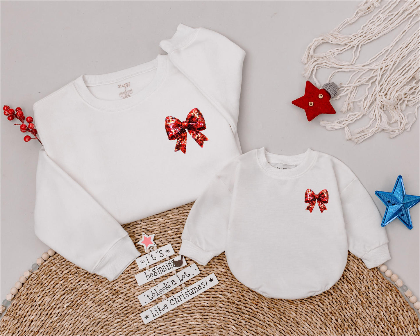 Matching Mama and Mini Christmas Bow Sweatshirts, Retro Holiday Outfits, Red Sequin Bows, Trendy Christmas Girl Sweatshirt, Baby Romper Clothes