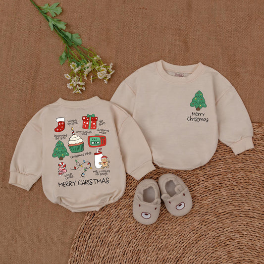 Merry Christmas Baby Romper Infant Holiday Outfit with Cute Xmas Tree and Santa Stockings Milk Cookies Design First Christmas