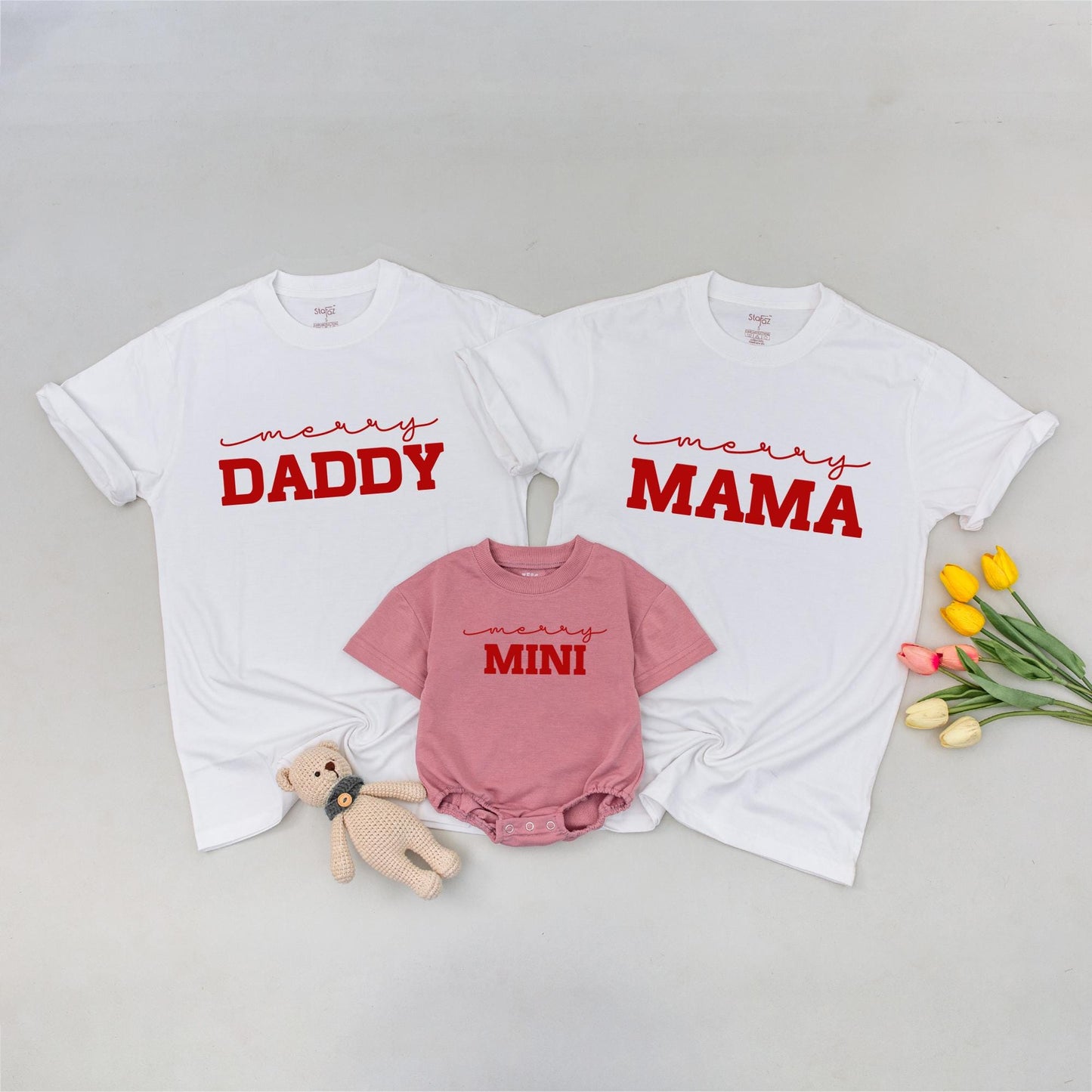 Merry Family Christmas Shirts, Matching Mama Mini & Daddy Outfits, Red Holiday Tops, Mom Baby Clothes Set, Simple Modern Design, Matching Family Outfits (137 chars)