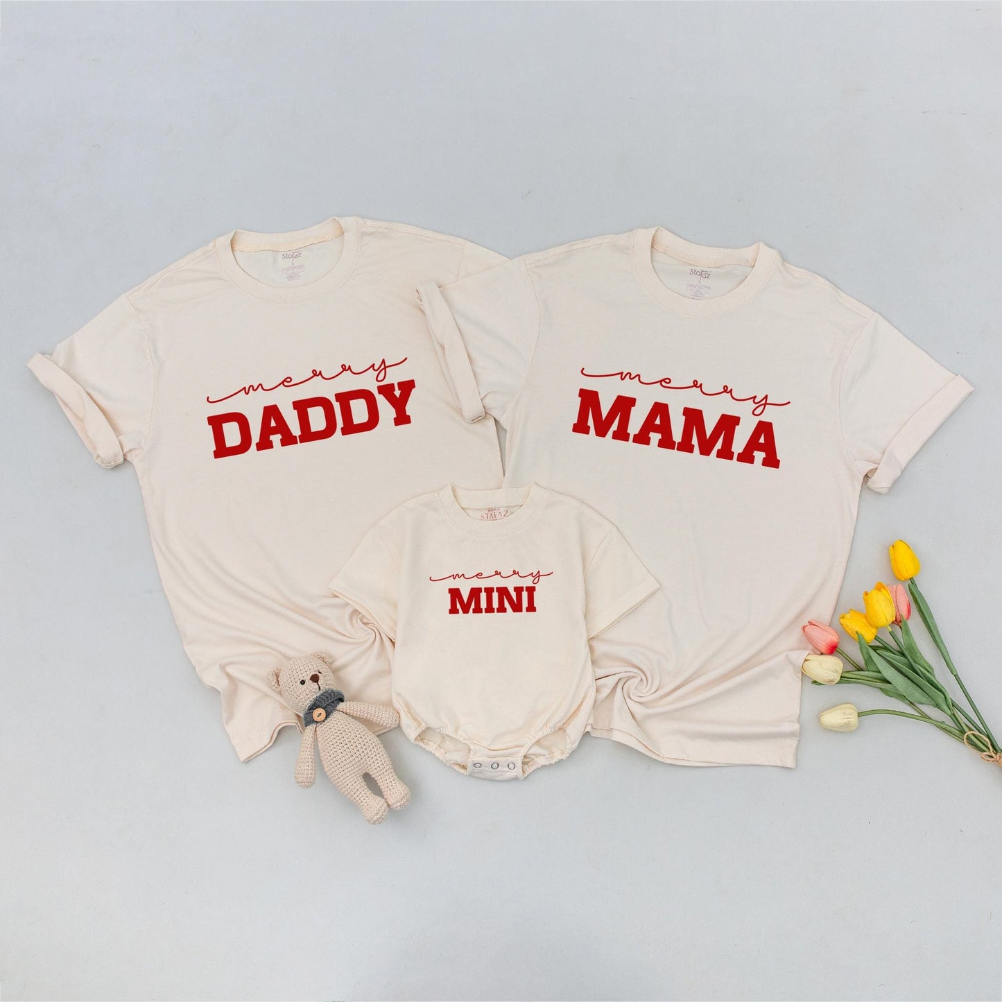 Merry Family Christmas Shirts, Matching Mama Mini & Daddy Outfits, Red Holiday Tops, Mom Baby Clothes Set, Simple Modern Design, Matching Family Outfits (137 chars)