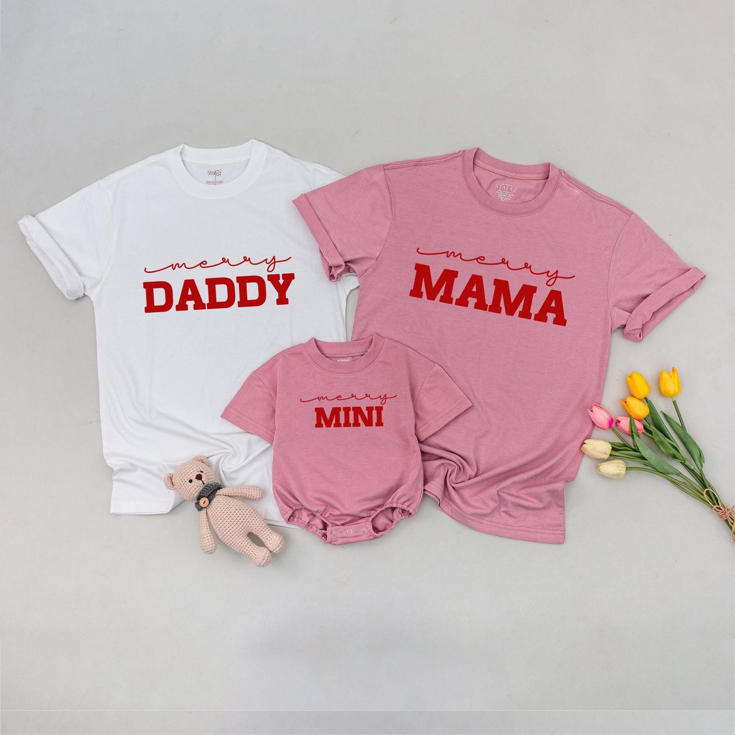 Merry Family Christmas Shirts, Matching Mama Mini & Daddy Outfits, Red Holiday Tops, Mom Baby Clothes Set, Simple Modern Design, Matching Family Outfits (137 chars)
