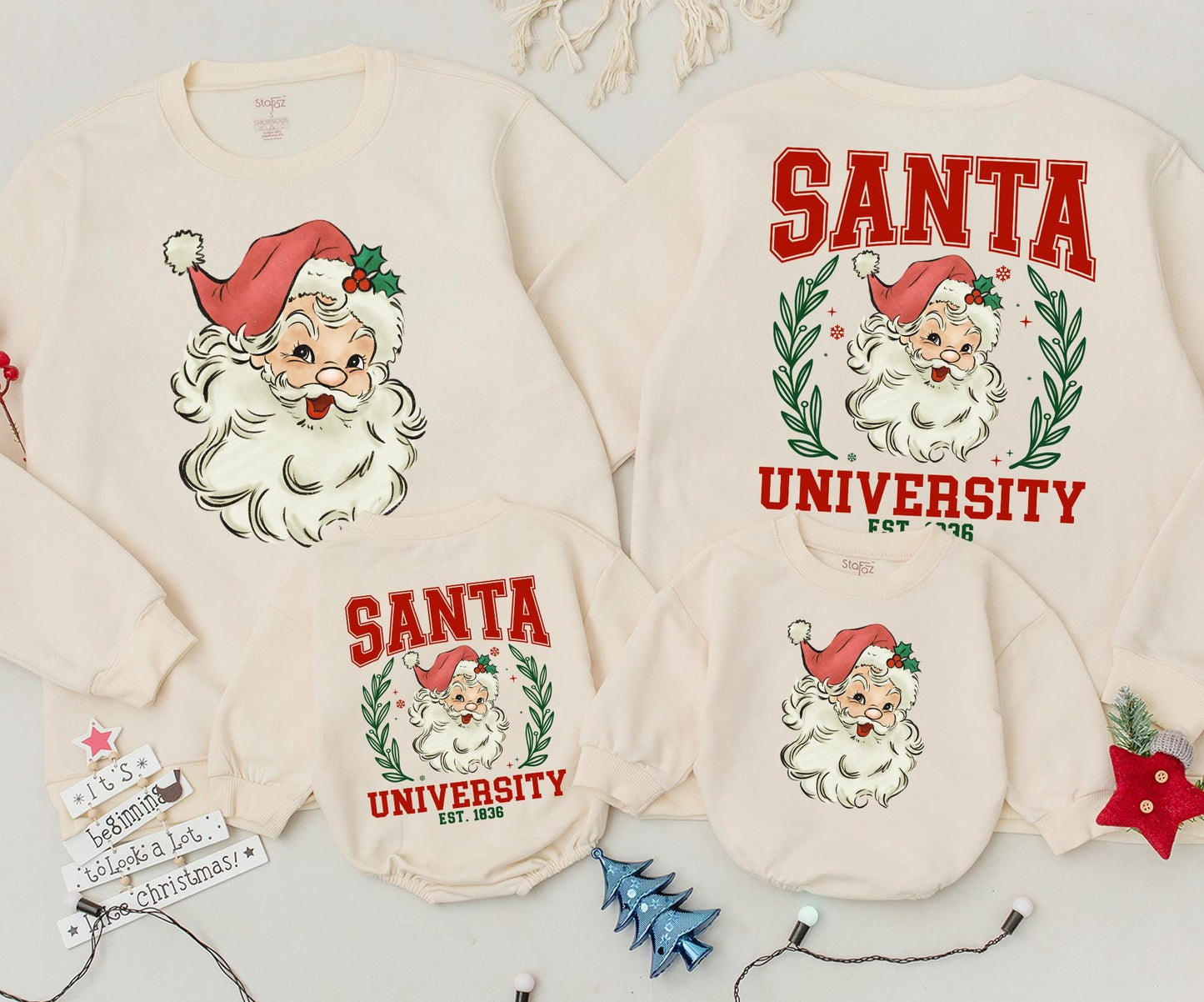 Retro Santa University Christmas Sweatshirt Toddler Outfit, Vintage Graphic Holiday Sweater, Cute Xmas Baby Romper, Newborn Gift Est. 1836 (2 Sided)