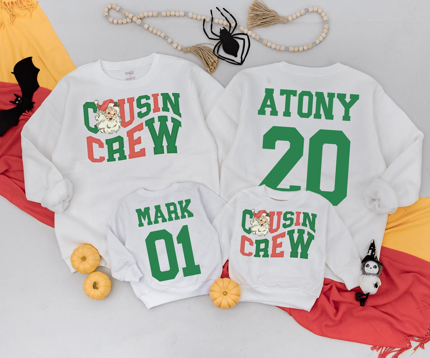 Personalized Cousin Crew Christmas Sweatshirts Retro Santa Design Matching Family Sweaters Cute Holiday Outfits Custom Name & Number Soft Cotton 138
