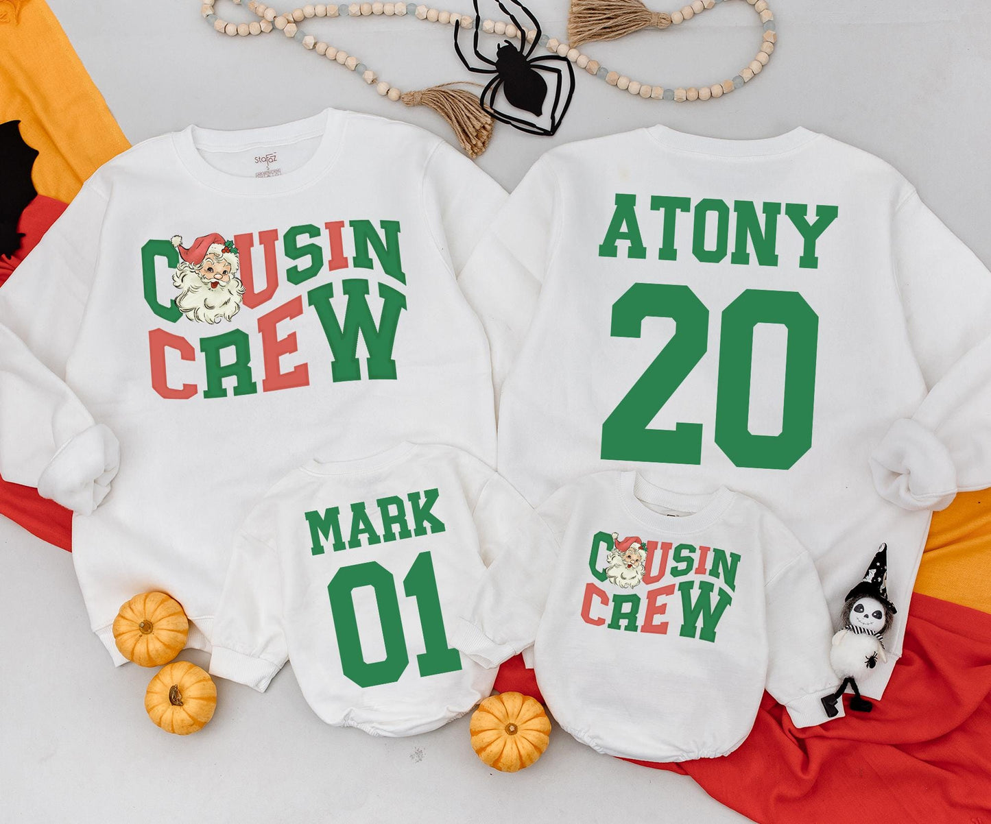Personalized Cousin Crew Christmas Sweatshirts Retro Santa Design Matching Family Sweaters Cute Holiday Outfits Custom Name & Number Soft Cotton 138
