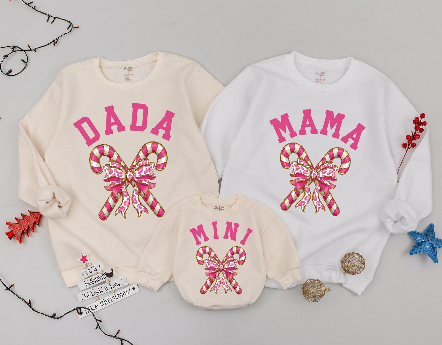 Mama Dada and Mini Candy Cane Matching Family Christmas Outfits Cute Holiday Sweaters for Baby Girl Gift