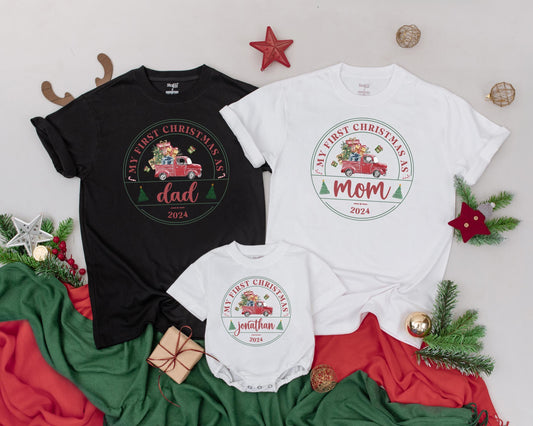 Matching Family Christmas Shirts: My First Christmas As Dad, Mom, Jonathan 2024 Vintage Red Truck Holiday Outfit