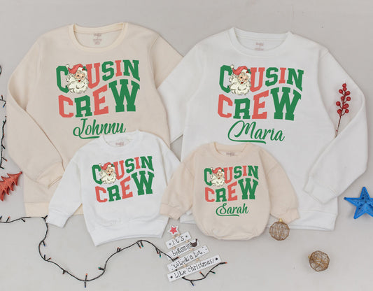 Personalized Christmas Cousin Crew Sweatshirts Matching Family Holiday Vintage Santa Toddler Sweaters with Green Name