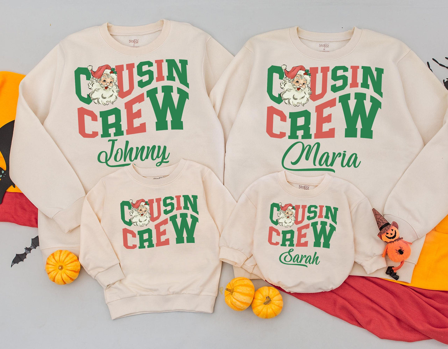 Personalized Christmas Cousin Crew Sweatshirts Matching Family Holiday Vintage Santa Toddler Sweaters with Green Name
