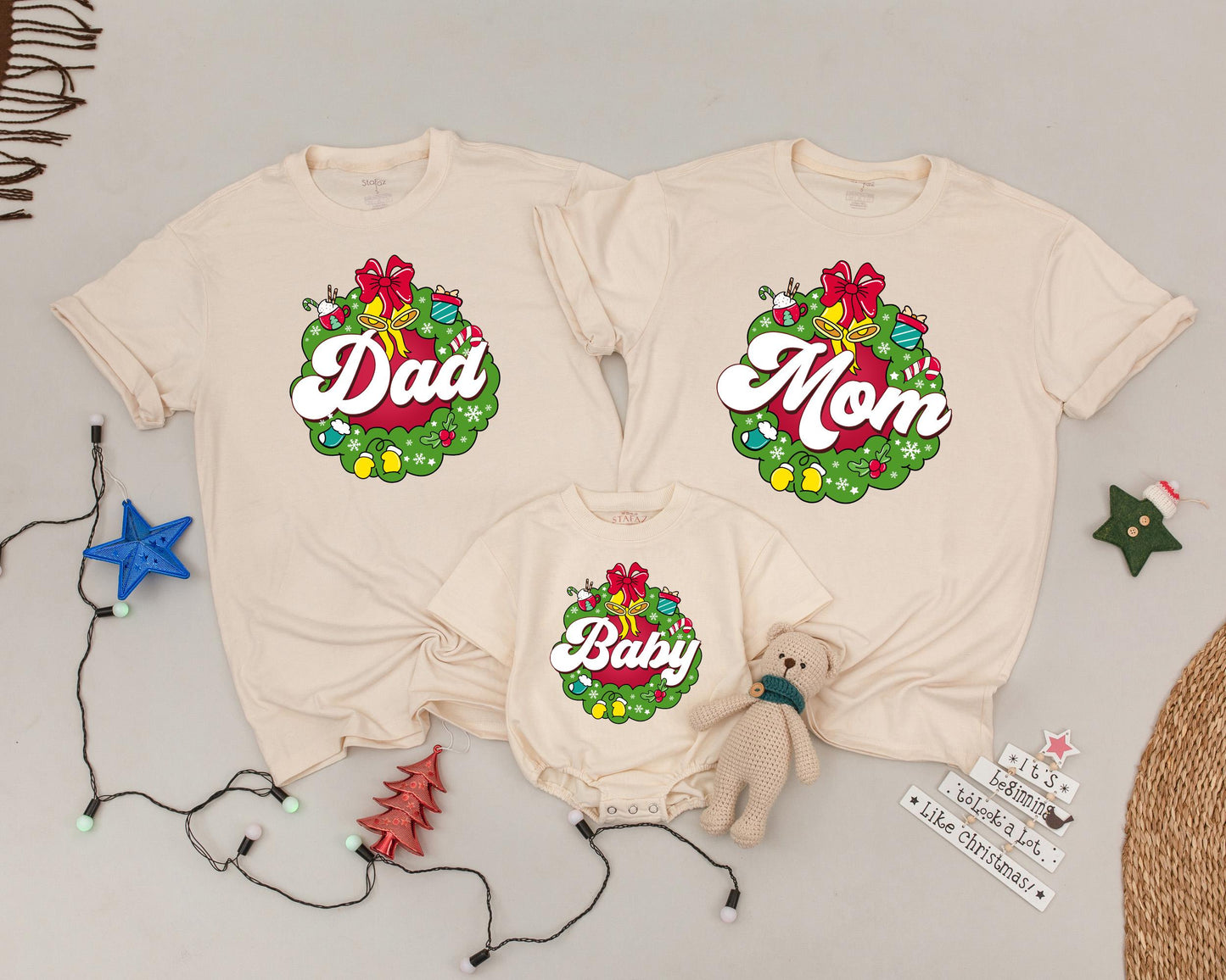 Custom Christmas Wreath Shirts for Family Matching Holiday Fun with Cocoa Bells & Gifts Cozy Festive Outfits