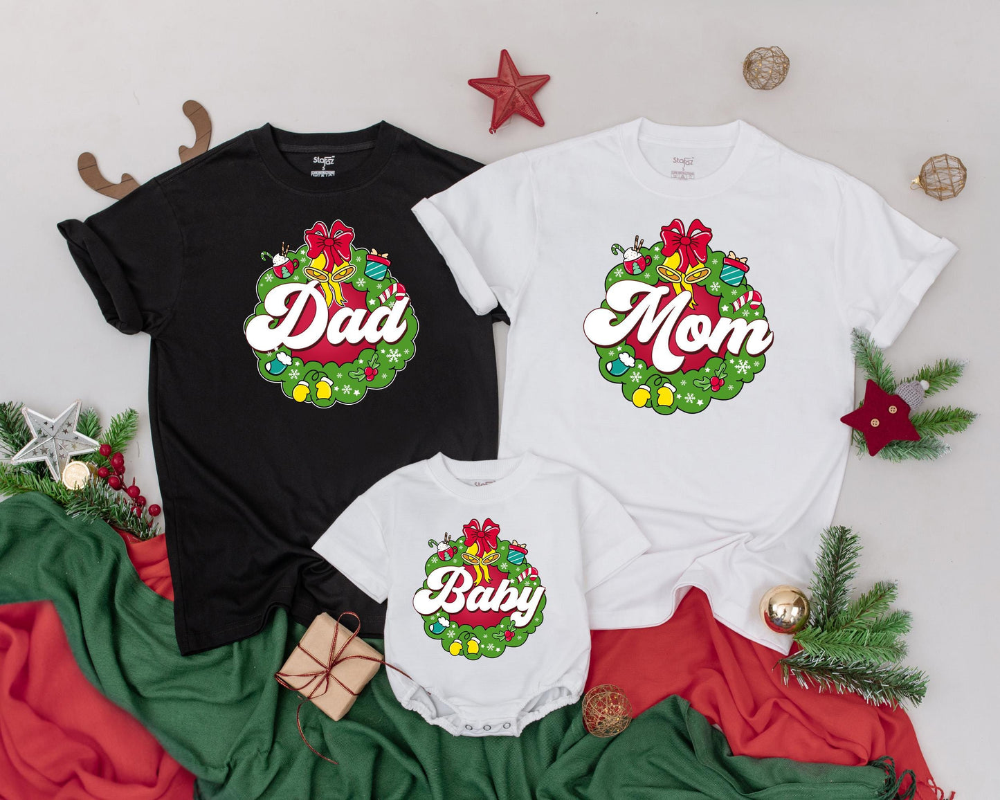 Custom Christmas Wreath Shirts for Family Matching Holiday Fun with Cocoa Bells & Gifts Cozy Festive Outfits