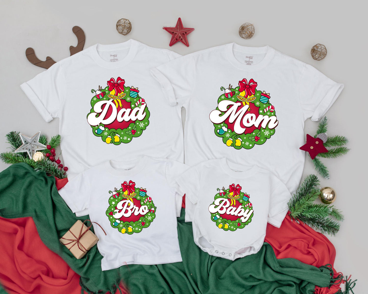 Custom Christmas Wreath Shirts for Family Matching Holiday Fun with Cocoa Bells & Gifts Cozy Festive Outfits