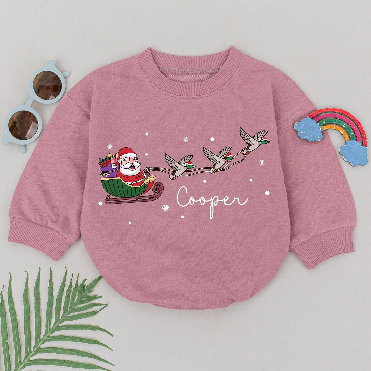 Personalized Cooper Christmas Duck Romper, Santa Sleigh Baby Outfit, First Christmas Gift, Festive Mallard, Holiday Newborn Clothes, Red Green Brown