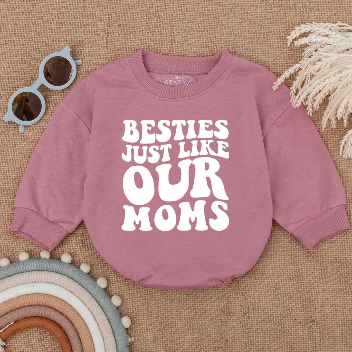 Besties Just Like Our Moms Bubble Romper Baby Girl Announcement Outfit White Pink Font Baby Shower Gift Newborn Clothes