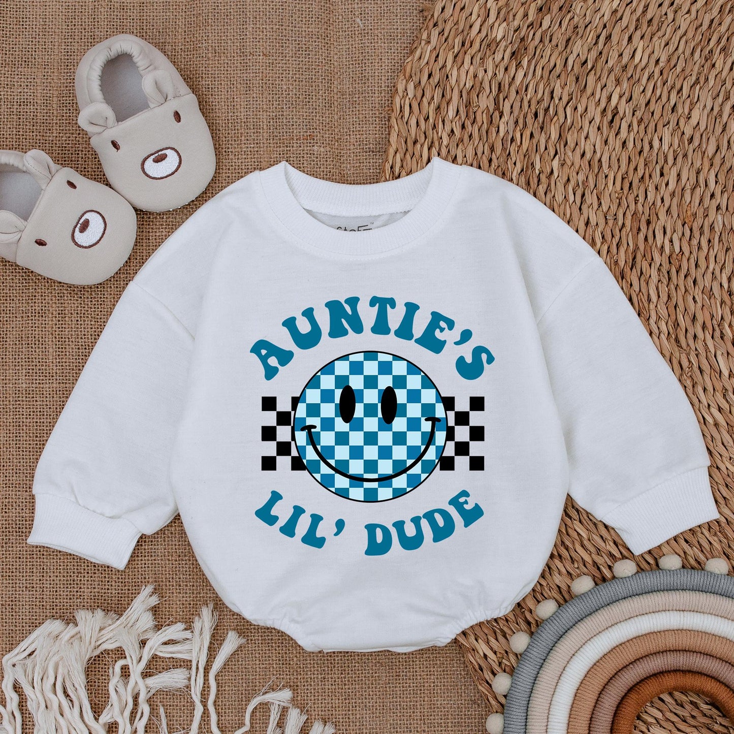 Auntie's Lil Dude Retro Smiley Bubble Romper Newborn Baby Gift for Auntie or Baby Shower Cute Blue Checkered Style Clothes