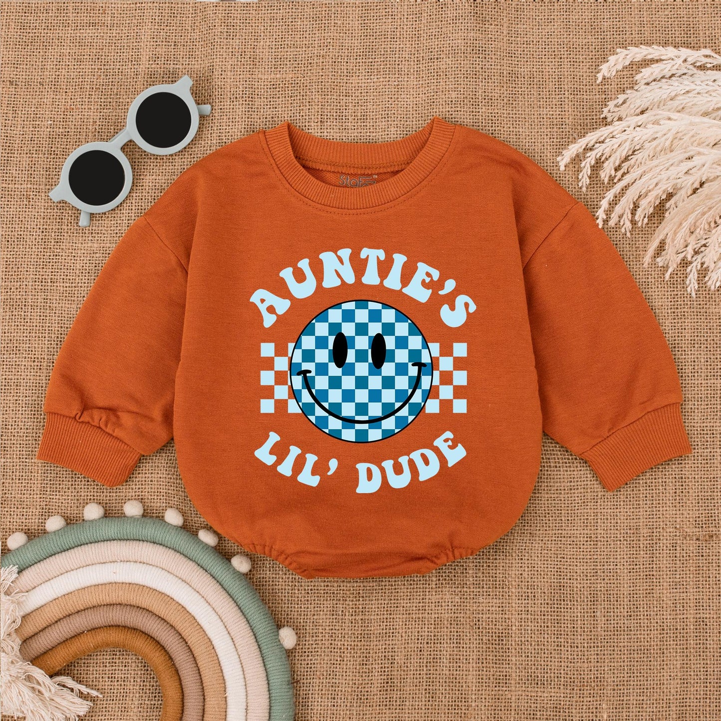 Auntie's Lil Dude Retro Smiley Bubble Romper Newborn Baby Gift for Auntie or Baby Shower Cute Blue Checkered Style Clothes