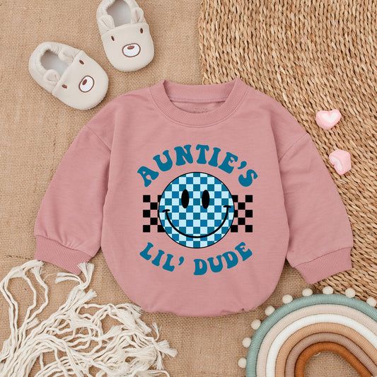 Auntie's Lil Dude Retro Smiley Bubble Romper Newborn Baby Gift for Auntie or Baby Shower Cute Blue Checkered Style Clothes
