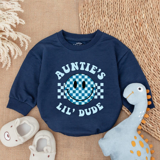 Auntie's Lil Dude Retro Smiley Bubble Romper Newborn Baby Gift for Auntie or Baby Shower Cute Blue Checkered Style Clothes