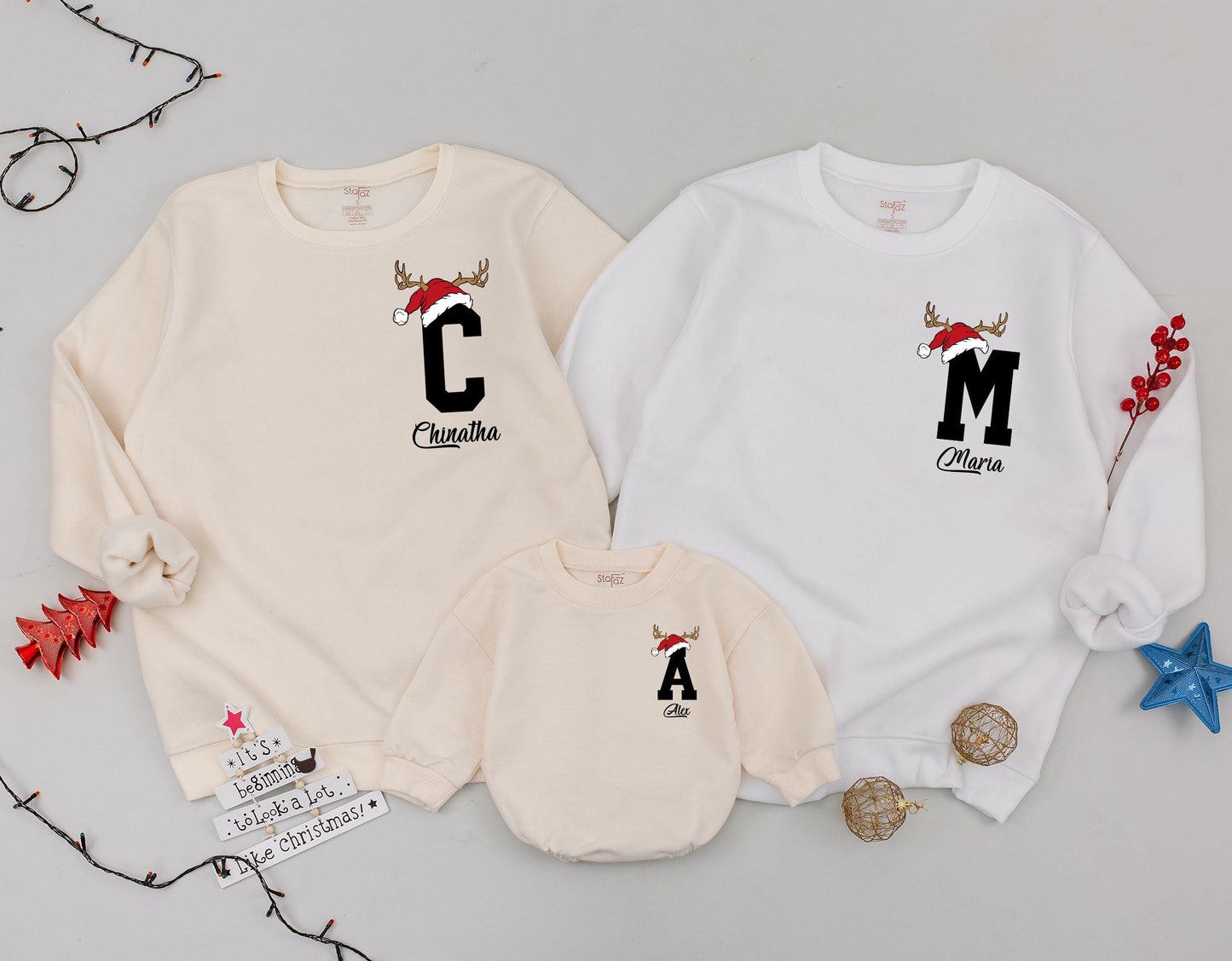 Custom Santa Hat Reindeer Letter & Name Family Matching Christmas Sweatshirt Holiday Gift