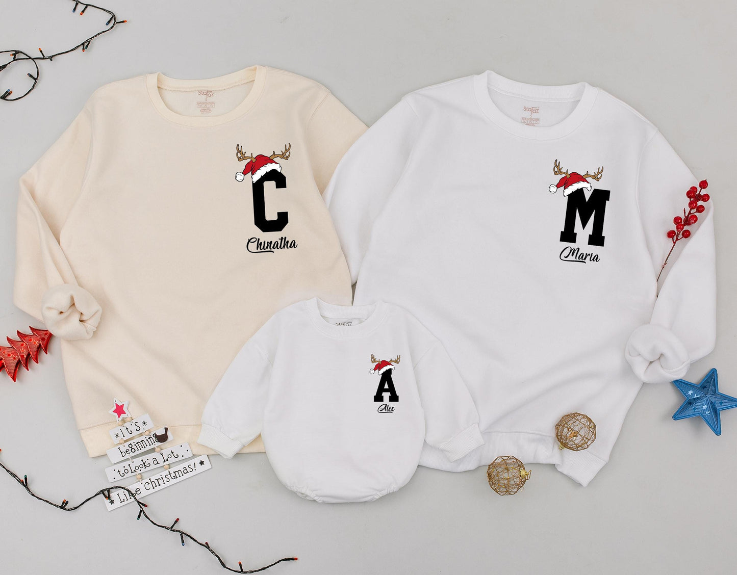 Custom Santa Hat Reindeer Letter & Name Family Matching Christmas Sweatshirt Holiday Gift