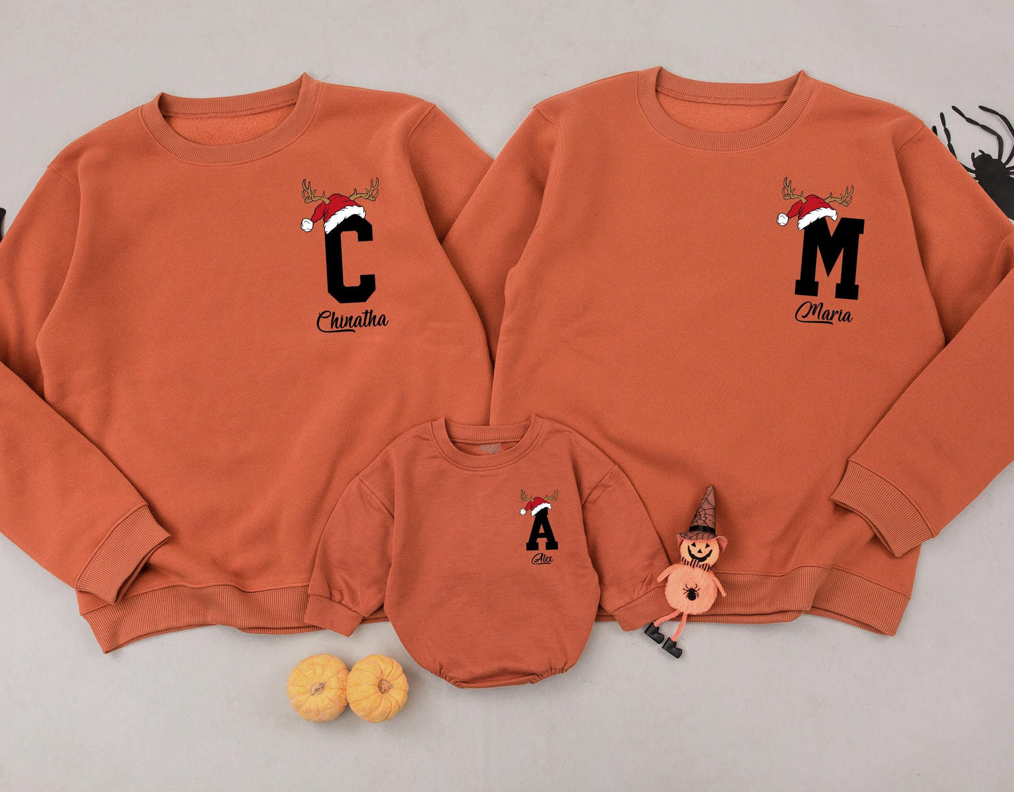 Custom Santa Hat Reindeer Letter & Name Family Matching Christmas Sweatshirt Holiday Gift