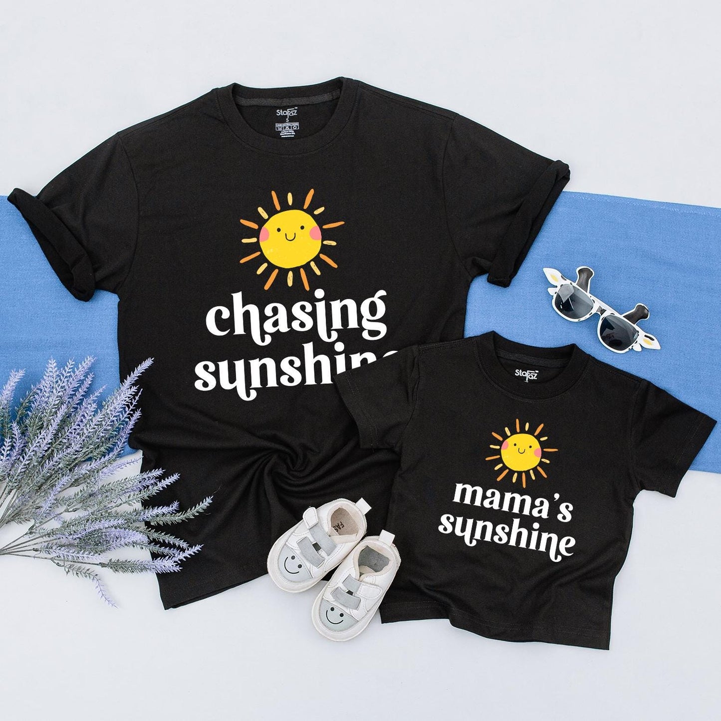 Mama & Me Chasing Sunshine Matching Shirts Set, Cheerful Sun Graphic Tees, New Mom Gift, Boho Matching Outfit, Playful Mommy and Baby T-Shirts, Comfy Cotton (140)