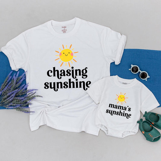 Mama & Me Chasing Sunshine Matching Shirts Set, Cheerful Sun Graphic Tees, New Mom Gift, Boho Matching Outfit, Playful Mommy and Baby T-Shirts, Comfy Cotton (140)