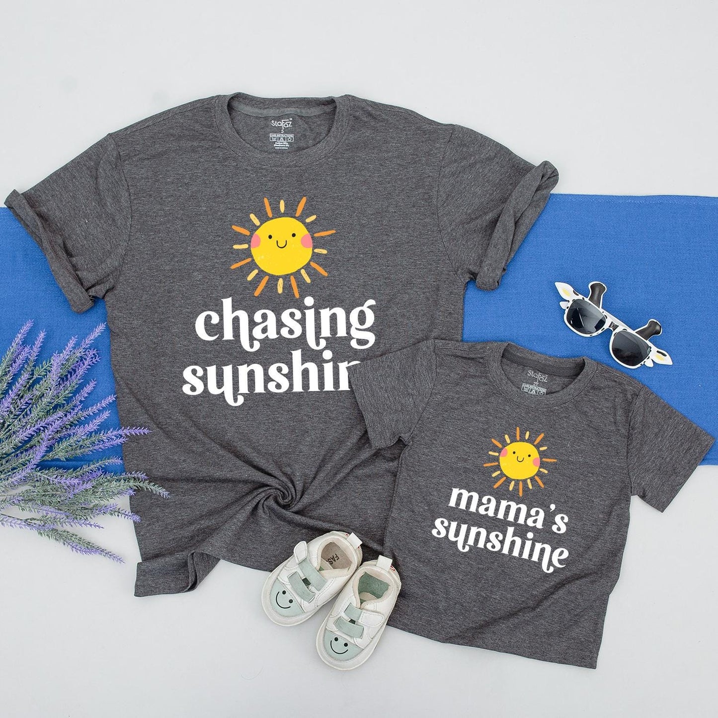 Mama & Me Chasing Sunshine Matching Shirts Set, Cheerful Sun Graphic Tees, New Mom Gift, Boho Matching Outfit, Playful Mommy and Baby T-Shirts, Comfy Cotton (140)