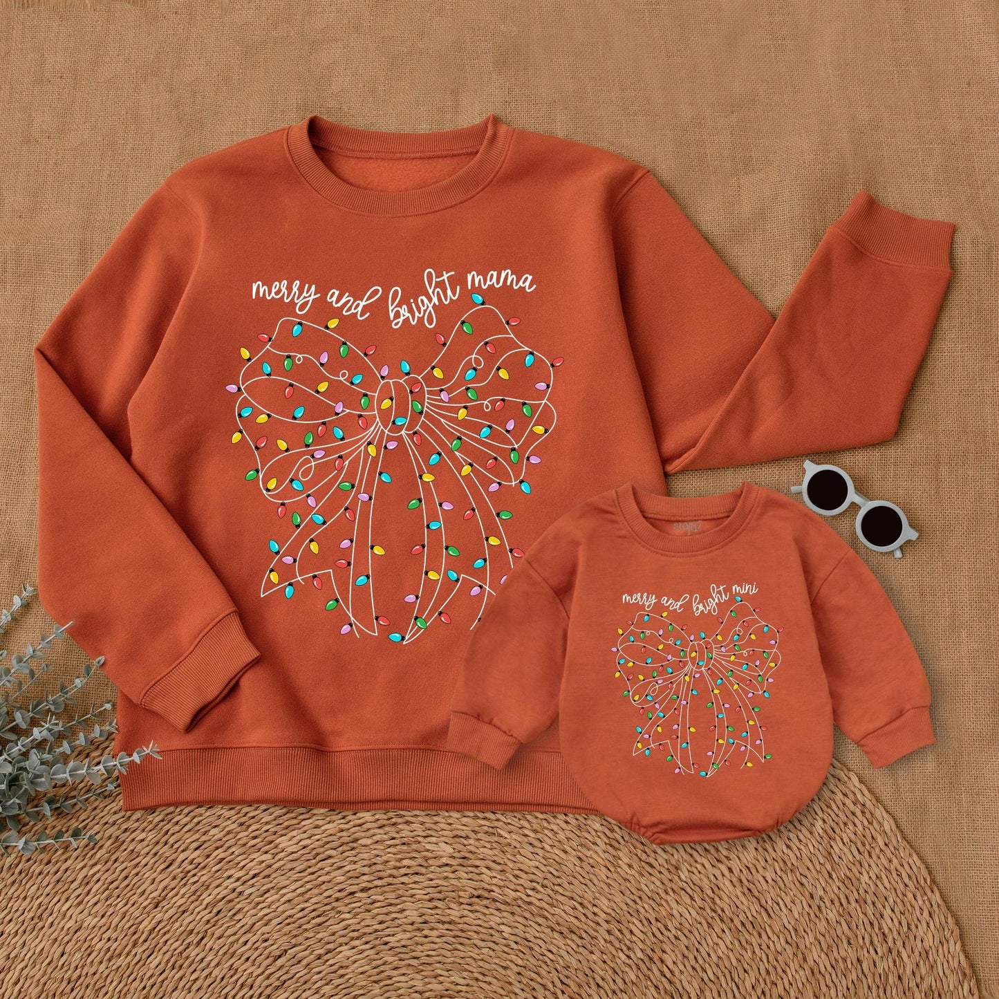 Christmas Merry & Bright Matching Family Sweatshirts Mama and Mini Holiday Outfits Red, Yellow, Blue, & Green Bow Design Mom & Daughter