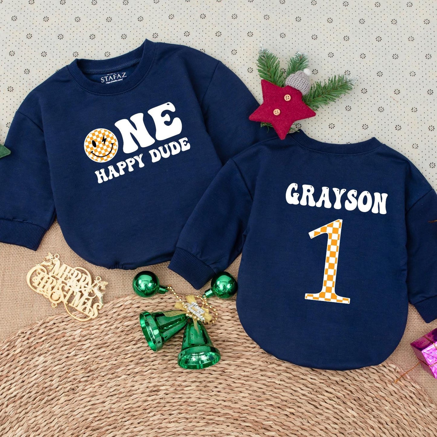 One Happy Dude Smiley Face Birthday Bodysuit Personalized Grayson Name First Birthday Outfit Baby Boy Clothes