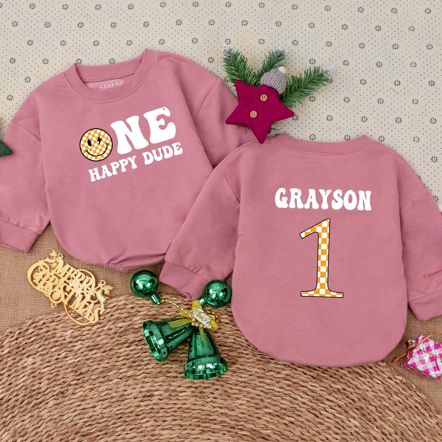 One Happy Dude Smiley Face Birthday Bodysuit Personalized Grayson Name First Birthday Outfit Baby Boy Clothes