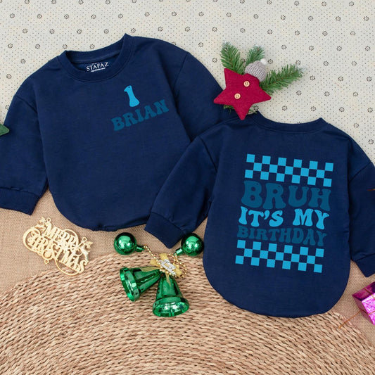 Birthday Boy Personalized Romper Retro 'Bruh' Checkered First Birthday Outfit Long Sleeve Cotton Celebration Romper Baby Boy Gift One Year Old Clothes