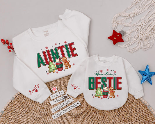 Matching Auntie and Bestie Christmas Sweatshirts Festive Gingerbread Cookie Holiday Design Auntie and Me Baby Outfit Aunt Niece Gift
