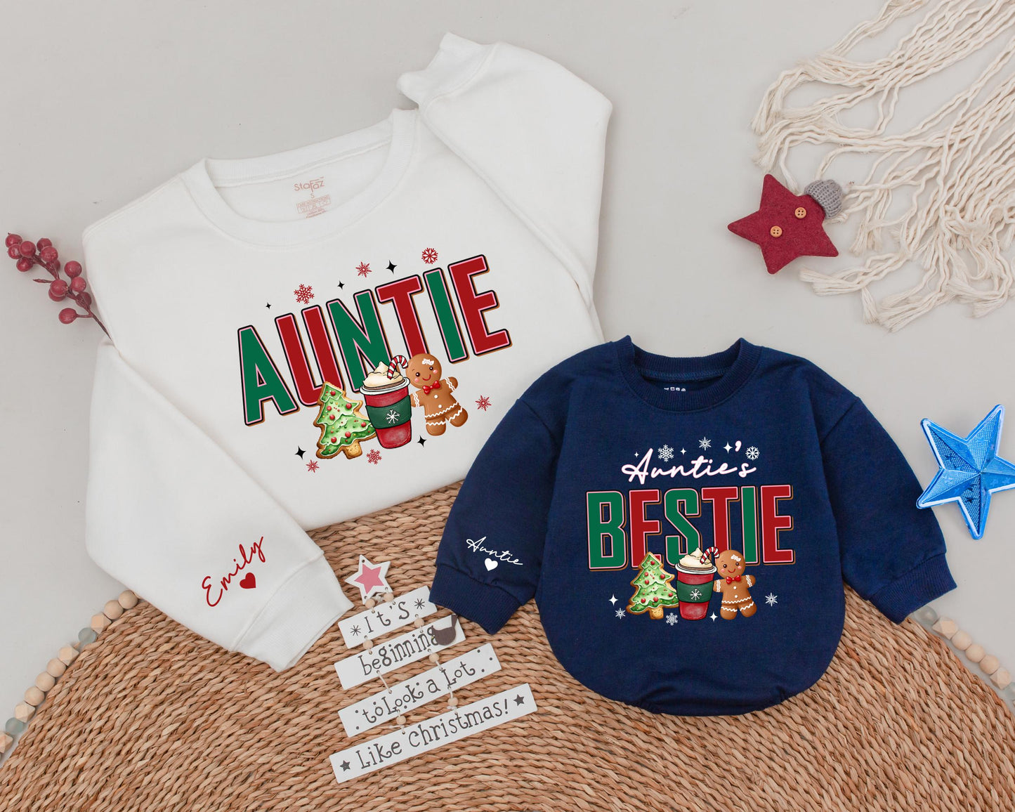 Matching Auntie and Bestie Christmas Sweatshirts Festive Gingerbread Cookie Holiday Design Auntie and Me Baby Outfit Aunt Niece Gift