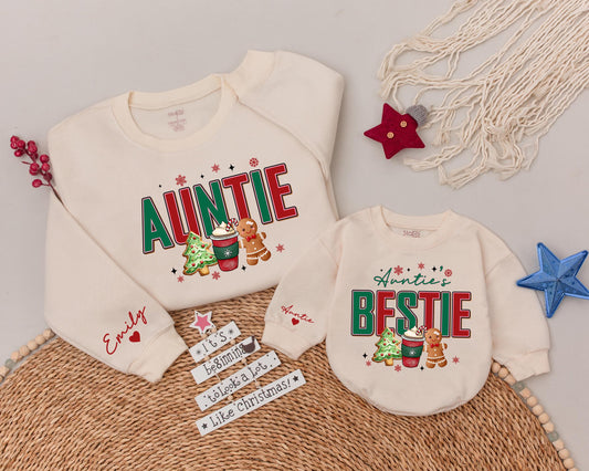 Matching Auntie and Bestie Christmas Sweatshirts Festive Gingerbread Cookie Holiday Design Auntie and Me Baby Outfit Aunt Niece Gift