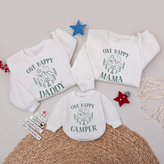 One Happy Camper First Birthday Matching Family Outfit Tee, Rustic Nature Sun Mountain Tree Star Tent Campfire Graphic Shirt
