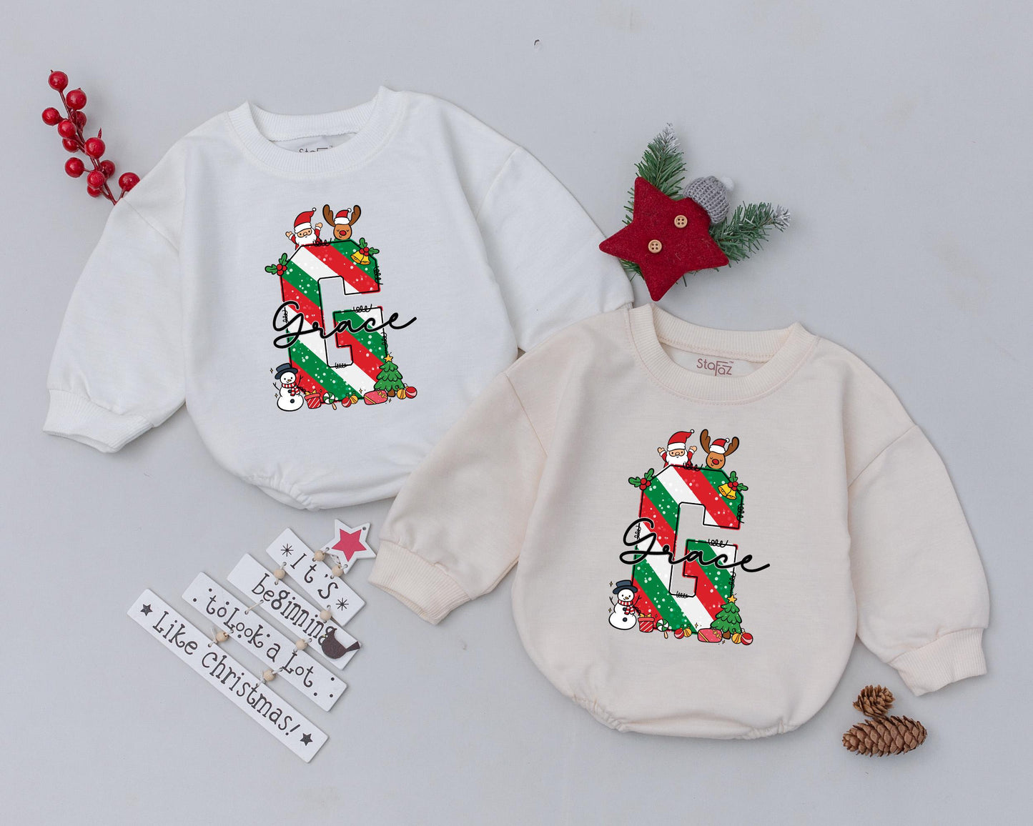 Grace's Festive First Christmas Romper with Santa Snowman Trees & Ornaments Personalized Name Baby Holiday Outfit