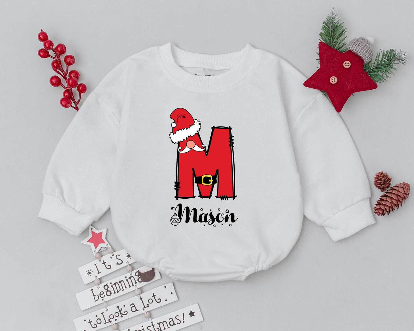 Personalized Name Santa M Christmas Baby Romper First Holiday Celebration Infant Bodysuit Toddler Sweatshirt Playful Festive Outfit Gift