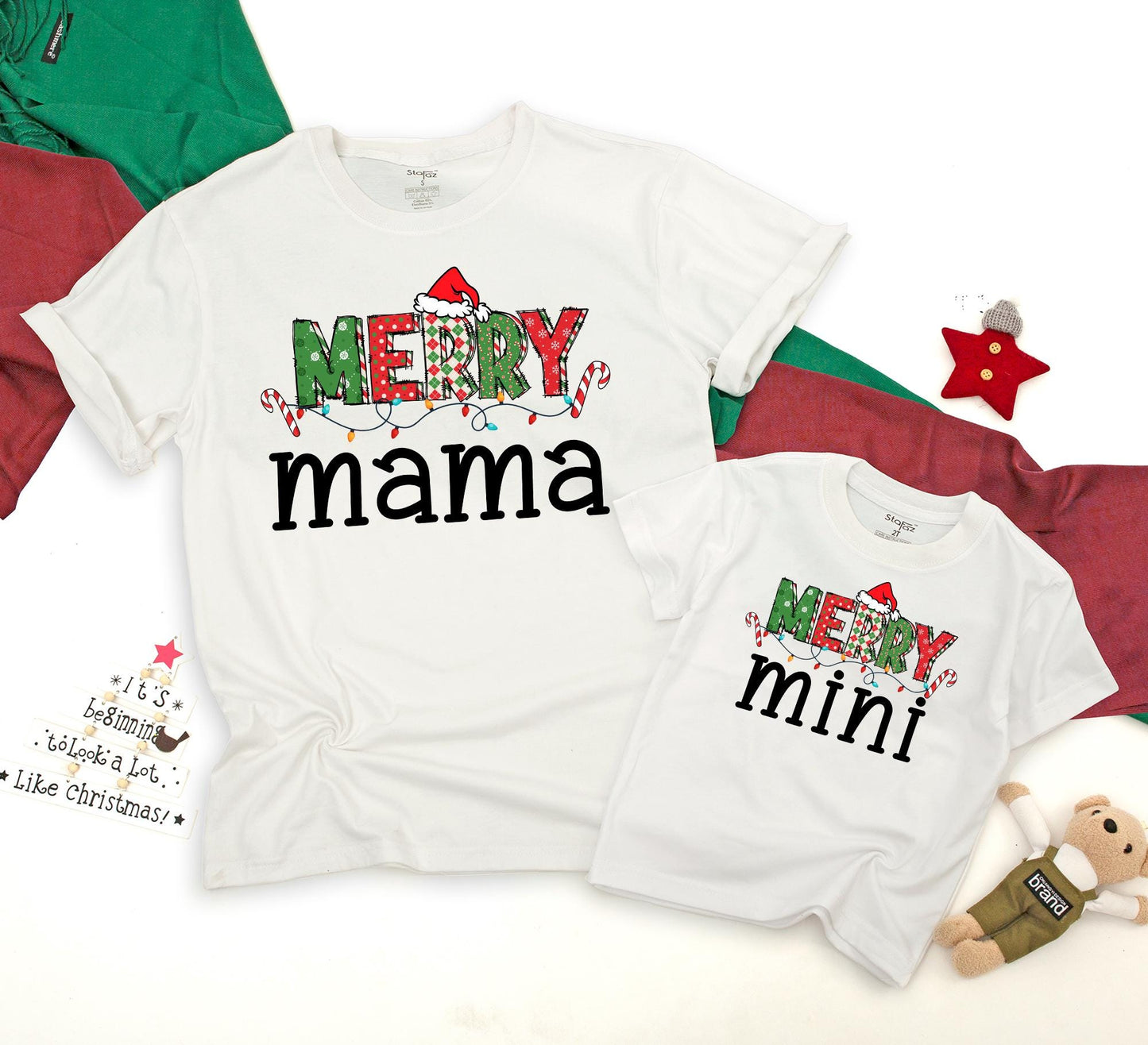 Merry Mama & Mini Matching Christmas Shirts Festive Red Green Squares Snowflake Plaid Santa Hat Candy Cane Lights Family Holiday Outfits Toddler Baby