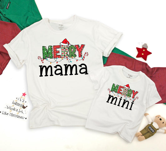 Merry Mama & Mini Matching Christmas Shirts Festive Red Green Squares Snowflake Plaid Santa Hat Candy Cane Lights Family Holiday Outfits Toddler Baby