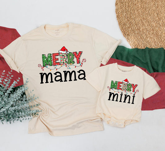 Merry Mama & Mini Matching Christmas Shirts Festive Red Green Squares Snowflake Plaid Santa Hat Candy Cane Lights Family Holiday Outfits Toddler Baby