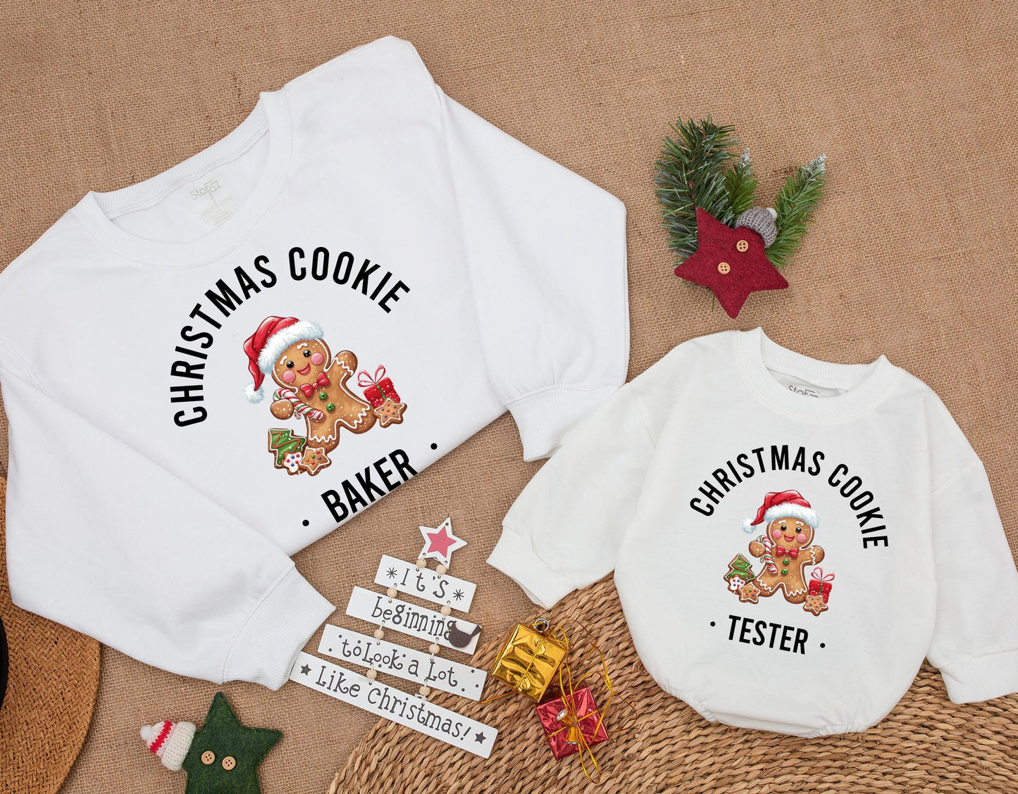 Adorable Christmas Cookie Baker & Tester Matching Sweatsuit for Mom and Baby Gingerbread Character Festive Holiday Outfit