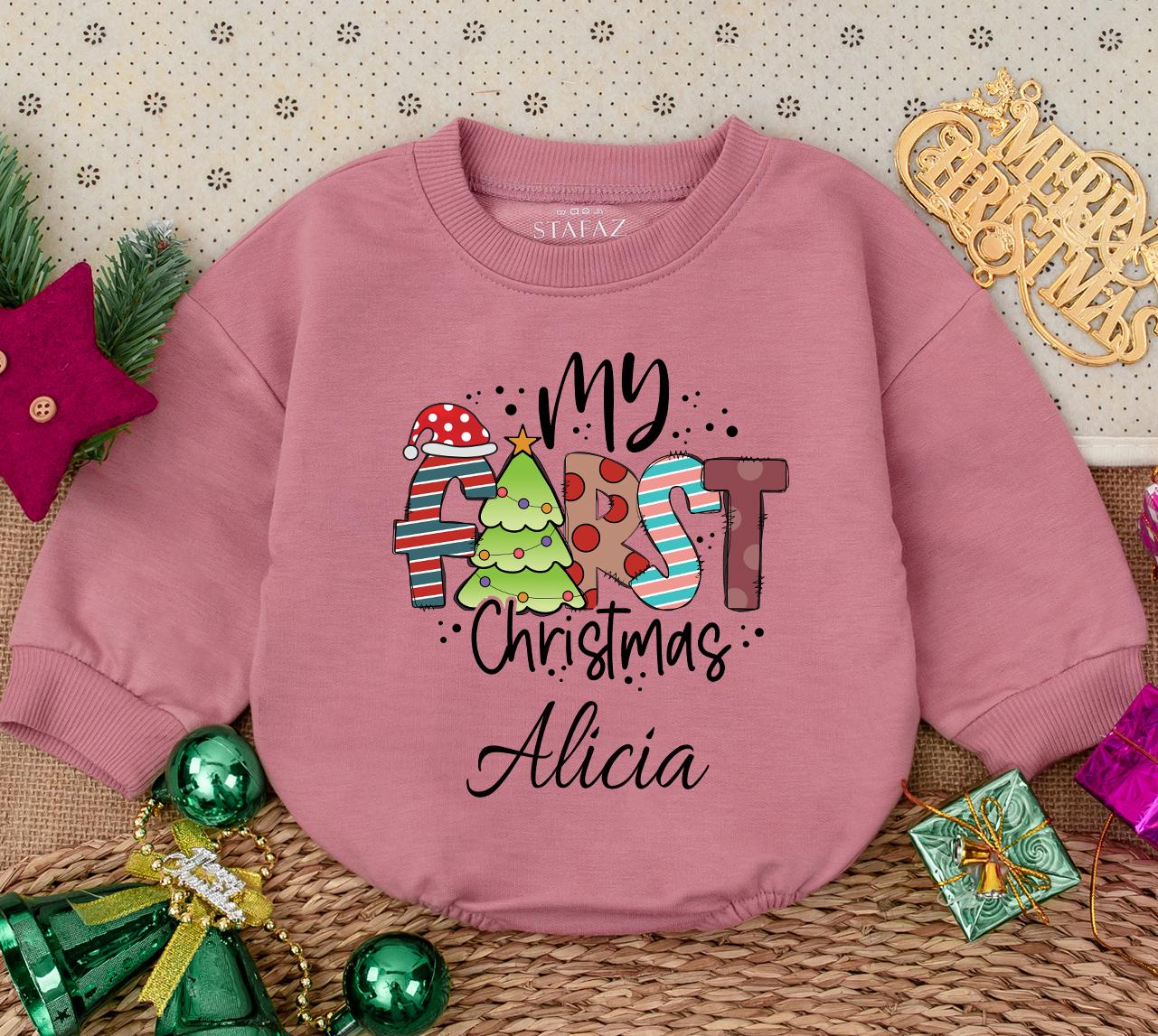 Personalized My First Christmas Baby Sweatshirt Romper Custom Name Whimsical Striped Dot Newborn Winter Holiday Outfit